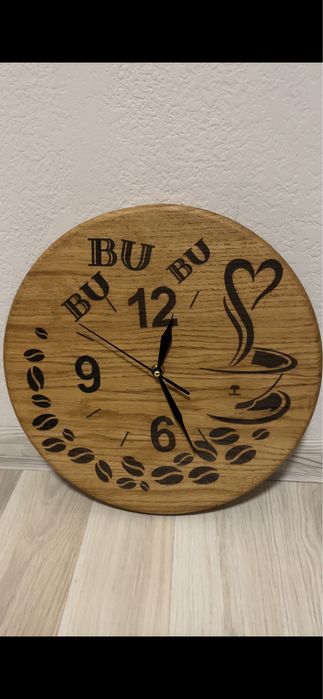 Настінний дерев’яний годинник 370мм | Дуб | Безшумний | Гравіювання