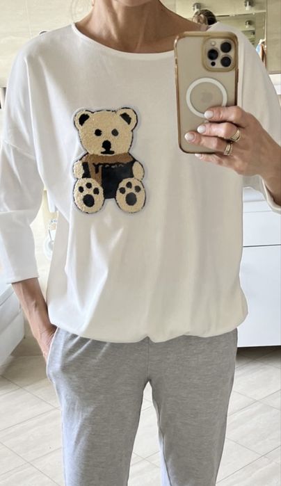 Nowa bluzka z misiem oversize prążkowana damska