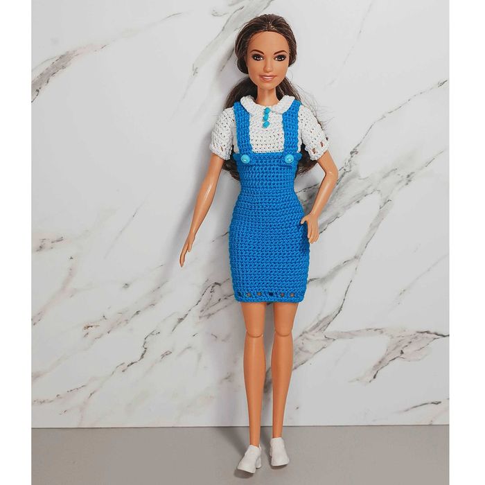 Ubranka dla lalek Barbie - Sukienka ogrodniczka 2 w 1, niebieski dół, biała góra