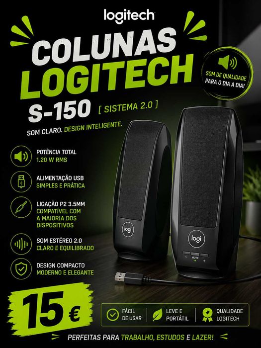 Colunas Logitech - S-150 - Sistema 2.0 - 1.20 W RMS - Preto
