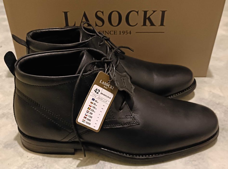Buty męskie zimowe Lasocki for men - Skórzane trzewiki botki czarne 42