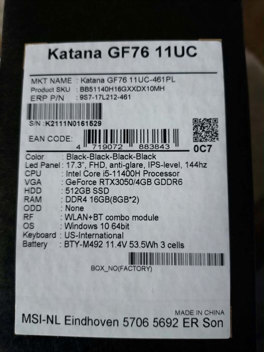 Laptop MSI Katana GF76 RTX 3050 / 16GB RAM/ INTEL I5-11400H / 17 CALI / 512 SSD