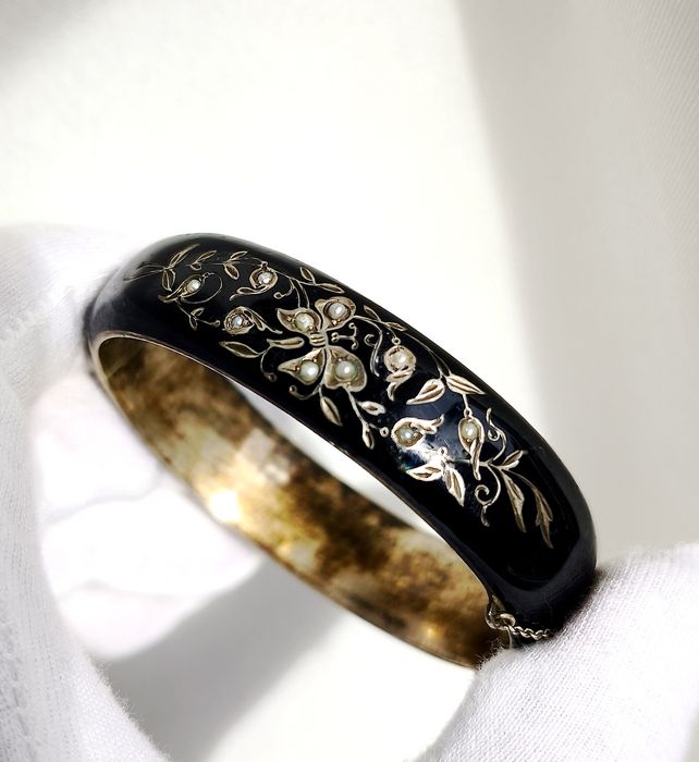 antyk! srebrna bransoletka żałobna II połowa XIX w. emalia perły