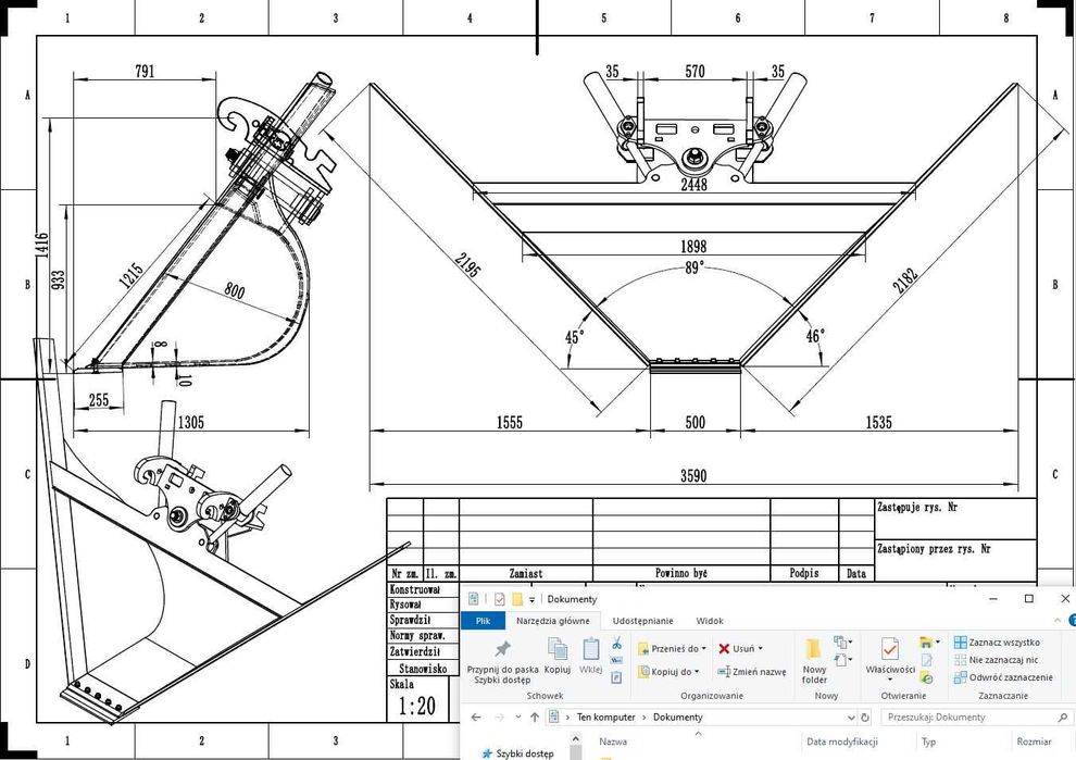 Łyżka trapezowa hydrauliczna 0m50 , kąt 45, stopni Verachtert CW40