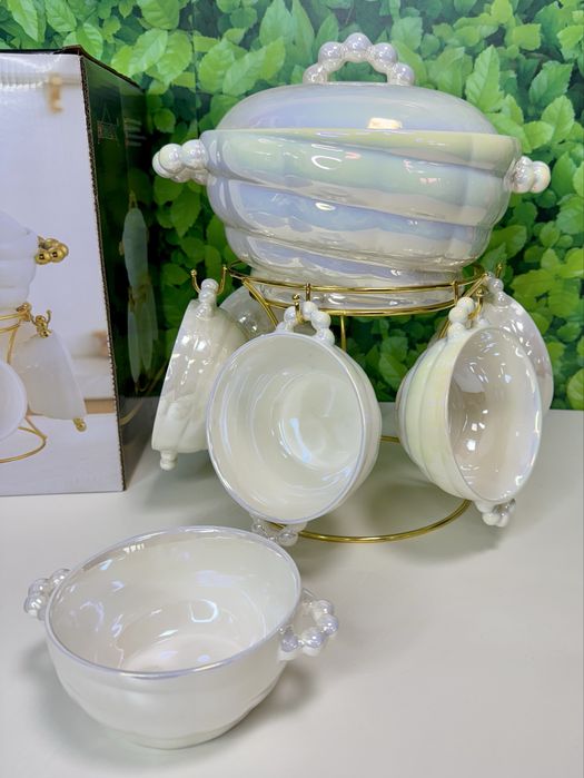 Zestaw obiadowy. Do zupy.waza i miseczki. Perłowy. Idealny na prezent