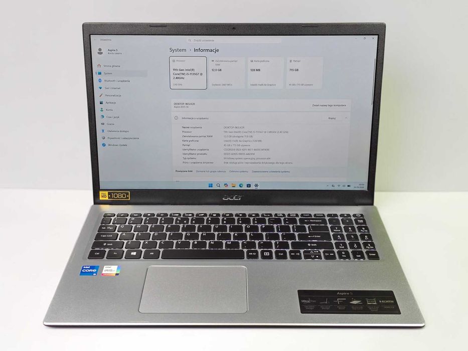 Acer Aspire 5 A515-56 / i5-1135G7 2.40GHz / 12GB 2666MHz DDR4 / Intel Xe Graphics / 512GB M2 / 15.6" FHD IPS 60Hz / Grade A / GW 12 miesięcy
