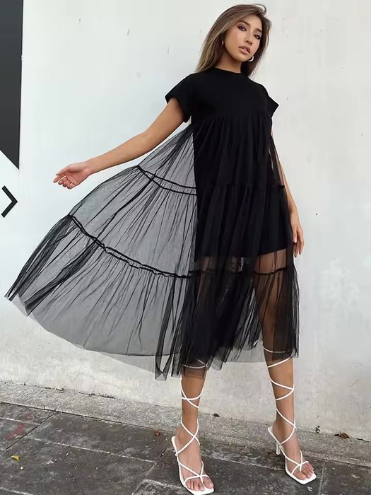 Елегантна сукня-футболка від TWOTWINSTYLE Patchwork Mesh