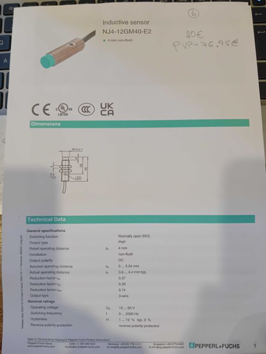 Sensor indutivo 12mm 24 vdc pnp PEPPERL+FUCHS