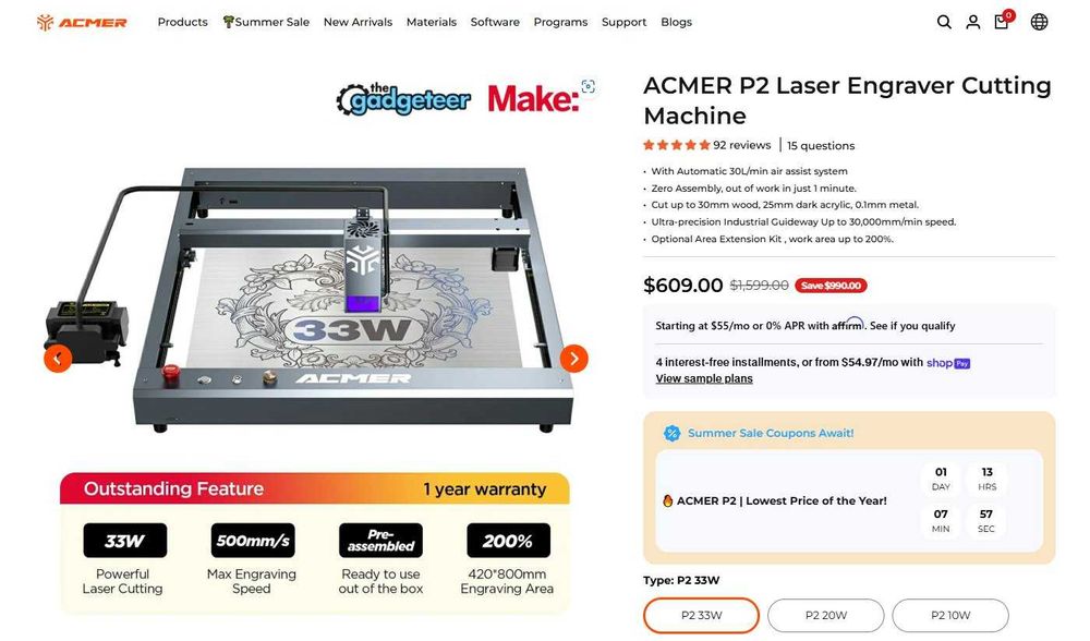 Máquina de Gravação e Corte a Laser - ACMER P2 (30W) - Nova na Caixa + Tenda de Proteção