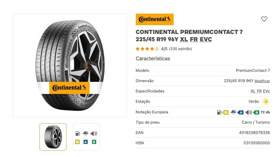 Pneus Continental PremiumContact 7 245/45 R19 102Y XL, FR, EVc