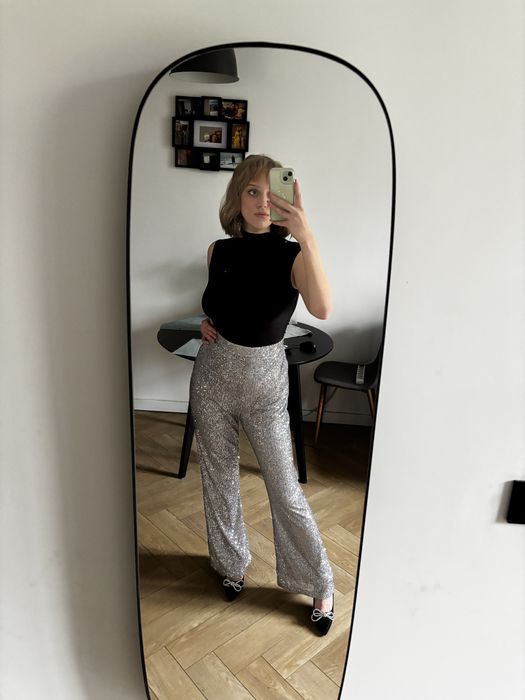 Cekinowe długie spodnie XXL szeroka nogawka wysoki stan Asos pinterest