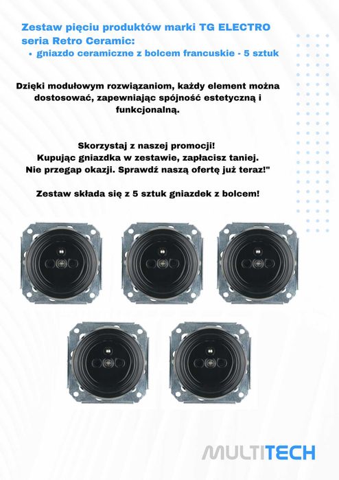 KOMPLET Gniazdko z bolcem ścienne Ceramiczne Moduł CZARNE - 5 sztuk