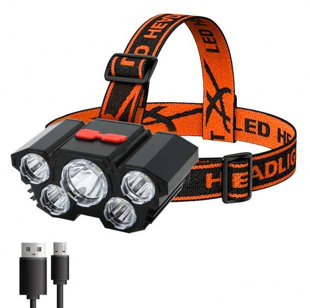 Latarka czołowa akumulatorowa - 5 LED - bardzo mocna - NOWA - 5szt