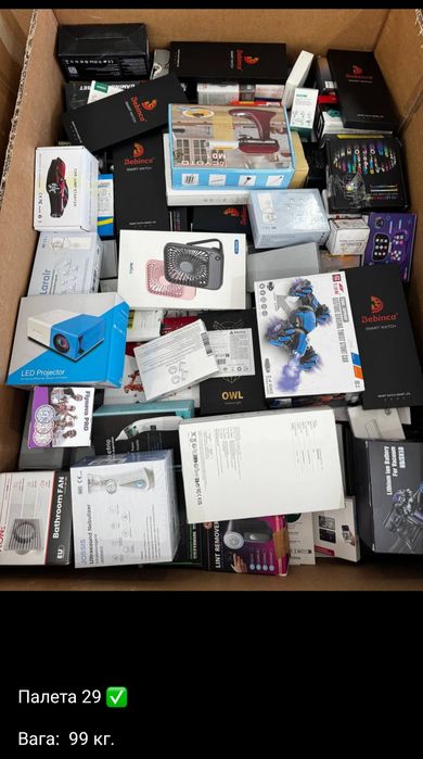 Палети Amazon з дрібною електронікою та побутовою технікою