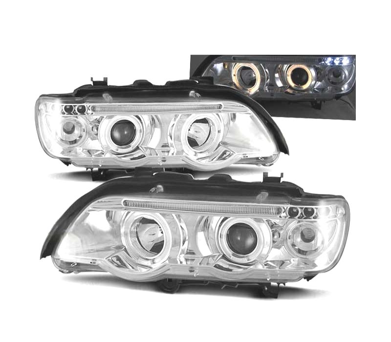 FARÓIS RENTE ANGEL EYES BMW X5 E53 FUNDO CROMADO
