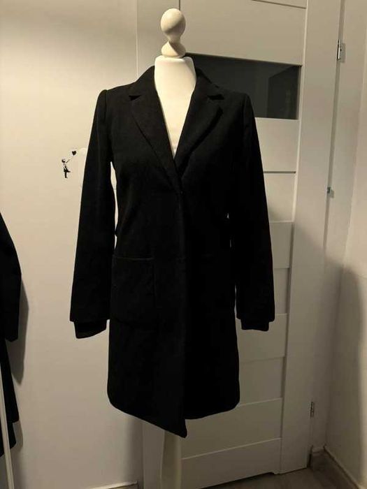 Czarny płaszcz damski klasyczny H&M na jesien przed kolano 36 S