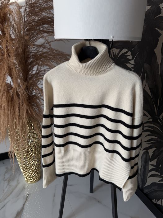 Sweter golf oversize w paski Bershka 36/S 38/M beżowy czarny