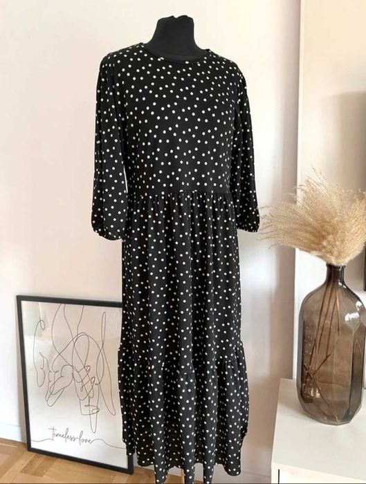 Zara czarna w biale kropki sukienka midi L/XL