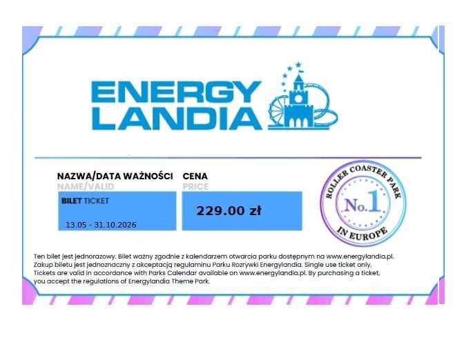 Energylandia park rozrywki 2 Bilety / 2 Wejściówki