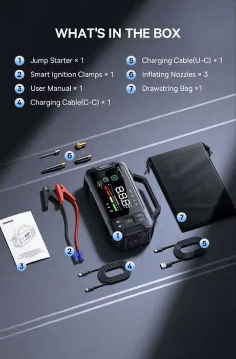 Baseus jump starter 21600mA, пусковий пристрій, компресор для авто