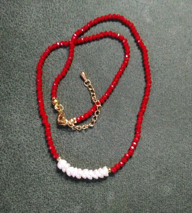 Colar Contas Vidro Facetadas Bordeaux e Perolas NOVO