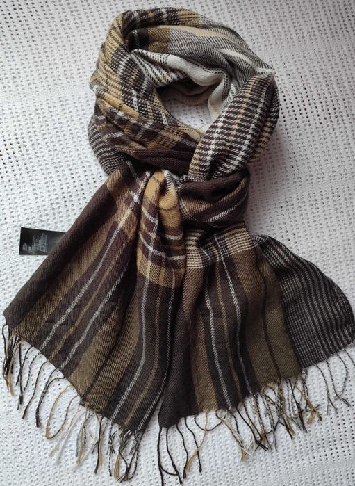 30% Wełna Uniseks w kratę szal z frędzlami krata camel khaki beż brąz