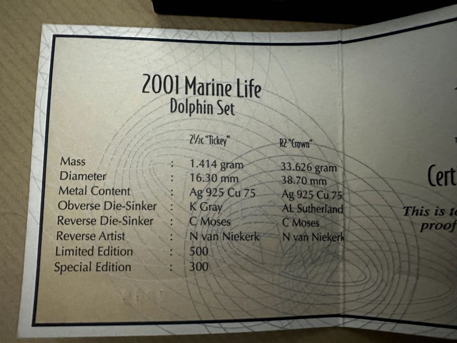 Set 2 moedas África do Sul 2001 'Marine Life - Dolphins' Prata Proof