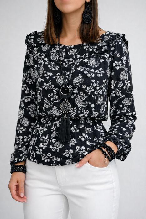 Blusa Preta com Padrão Paisley e Folhos, estilo Romântico - Tiffosi - Tamanho M