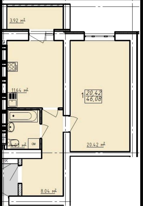 Квартира 1-комнатная Левада-Лучшая планировка и цена за 46м2  ВАРИАНТЫ