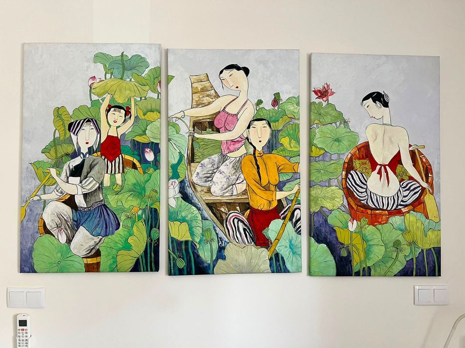 Quadro trípidico - com pinturas  a óleo inspiradas na Ásia
