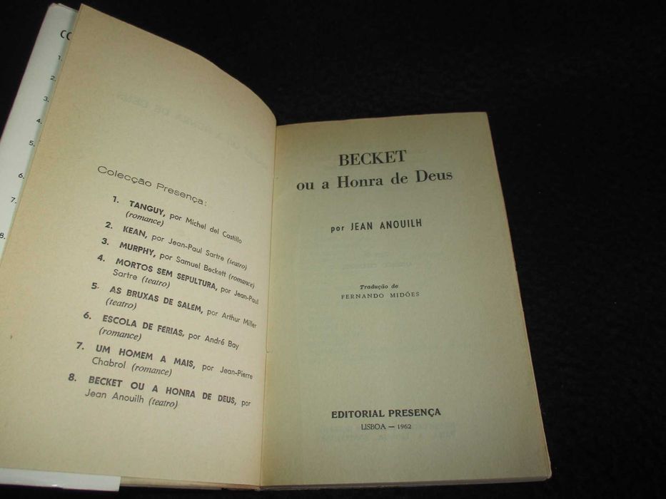 Livro Becket  ou a Honra de Deus Jean Anouilh 1ª edição 1962