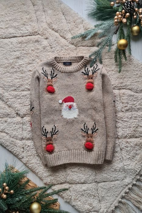 Новогодний свитер 5-6 лет , новорічна кофта, свитер с оленем,дед мороз