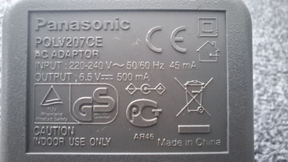Zasilacz Panasonic PQLV207CE , 6.5V , 500mA , do telefonu bezprzewodowego Panasonic.