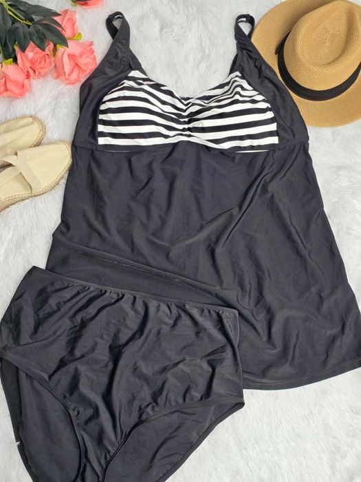 Kostium kąpielowy strój sukienka tankini czarny białe paski plus size