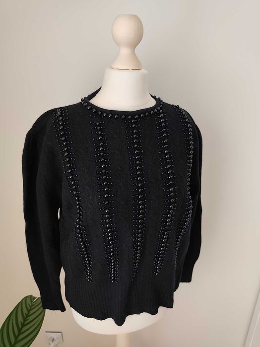 Czarny elegancki wełniany sweter sweterek z perełkami uniwersalny wool