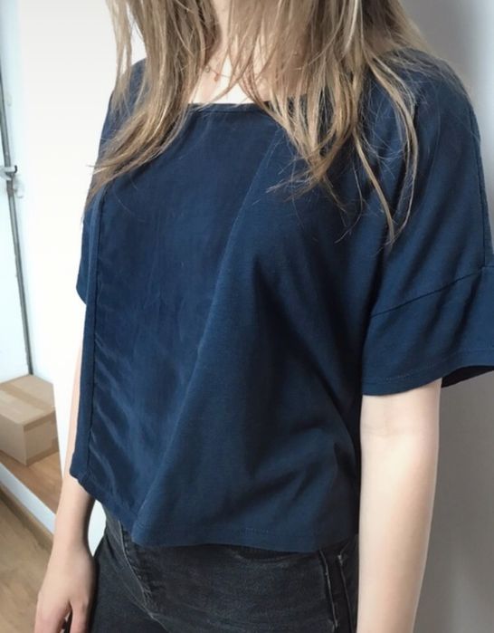 Szeroki crop top granatowy navy z wstawką H&M XS S oversize