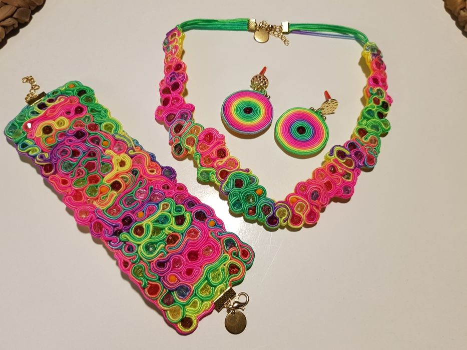 Komplet biżuterii sutasz soutache ręcznie wykonane tęczowy  kolorowy