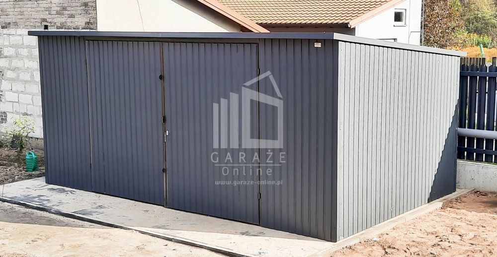 GARAŻ BLASZANY 6x5 spad tył - Brama - antracyt wolnostojący ID174
