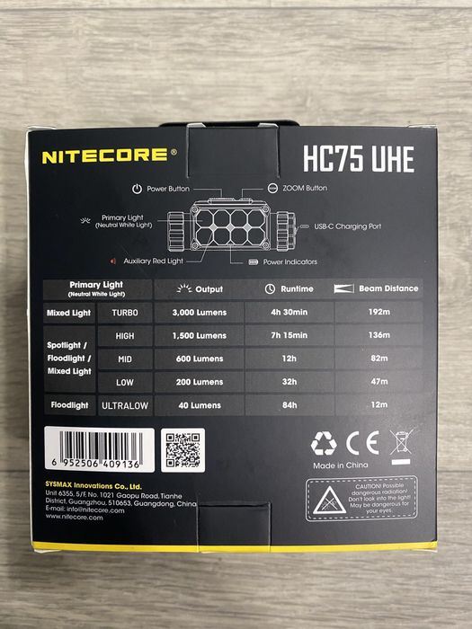 Налобний ліхтар Nitecore HC75 UHE (USB-C) з акумулятором та кейсом