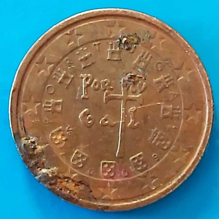 2 cêntimos de 2009 de Portugal, com defeitos na cunhagem