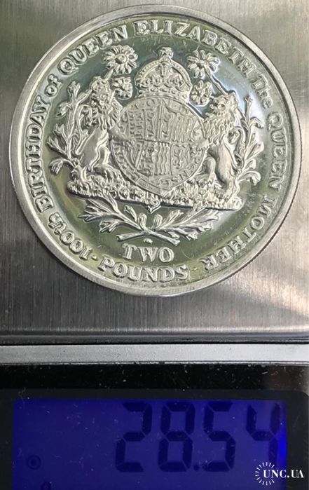 Монета срібло 925 проби 30 грам 2 Фунта 2000рік  Південна Георгія та Південні Сандвічеві Острови 100 років матері Королеви Єлизавета II