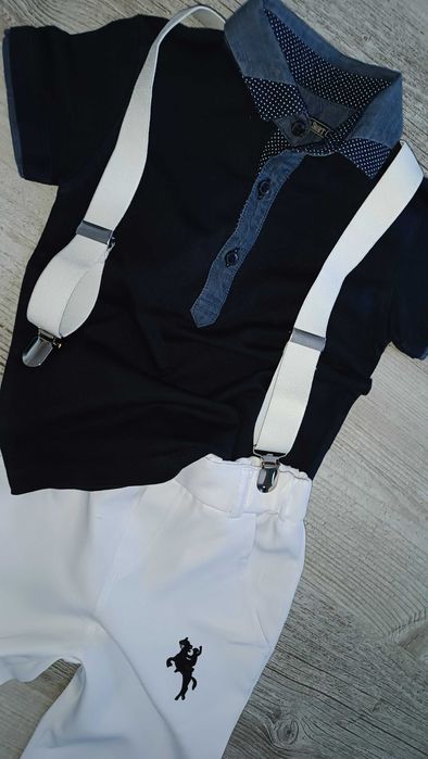 Next elegancki zestaw dla chłopca polo spodnie szelki 86 92