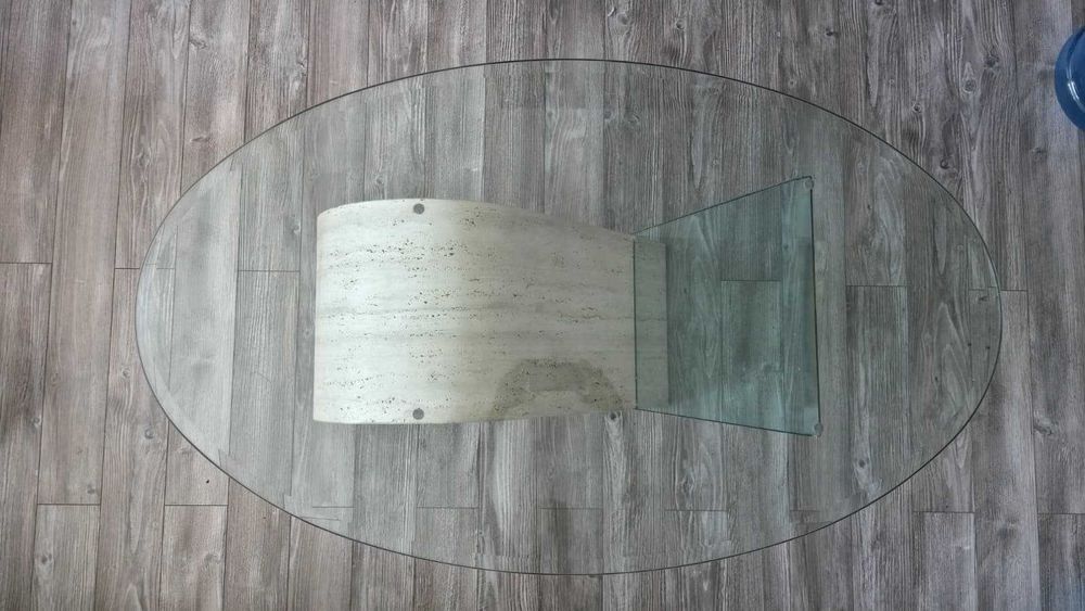 Designerski stolik kawowy – szkło + kamień naturalny (trawertyn)