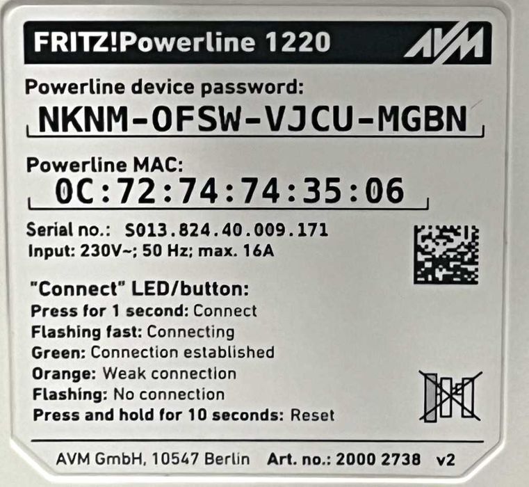 FRITZ! Powerline 1220 – adapter PLC 1200 Mb/s / 2x LAN / przelotowe gniazdko