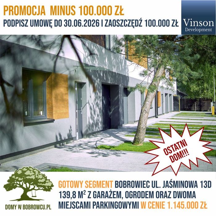 BEZPOŚREDNIO od dewelopera- OSTATNI DOM- PROMOCJA minus 100 tys!!