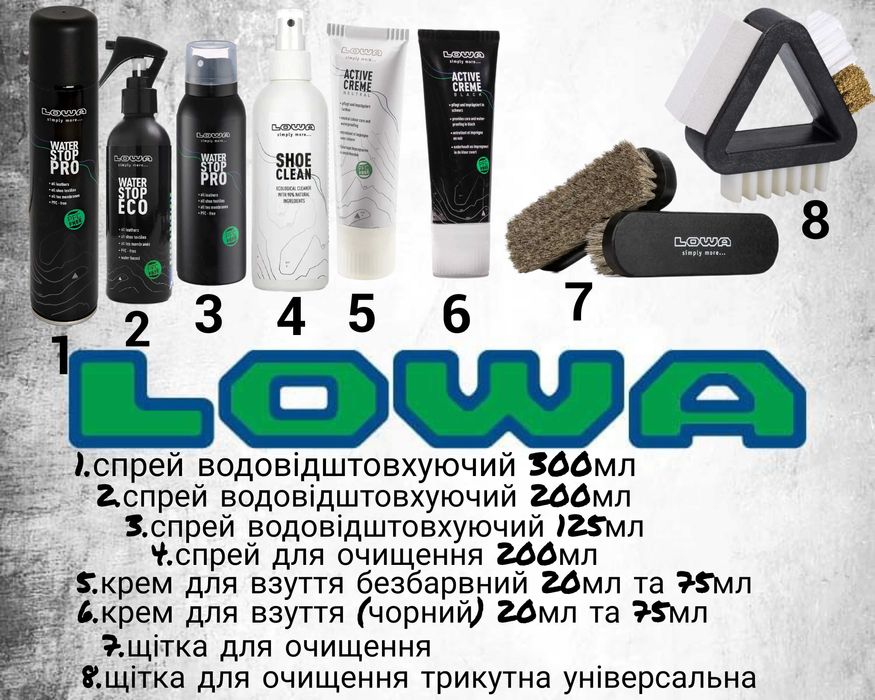 Засоби по догляду Lowa, щітка, спрей, крем, шнурки, аксесуари