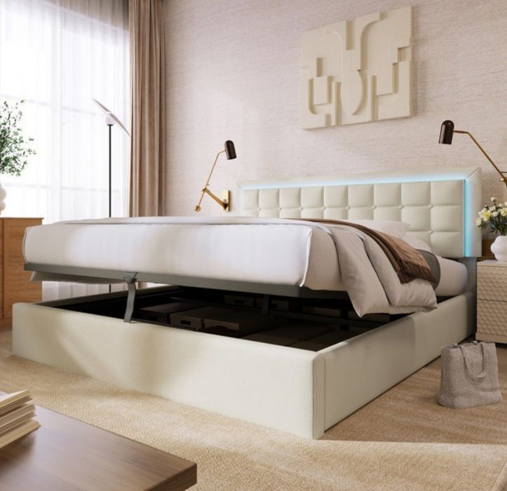 Cama branca efeito couro 160×200