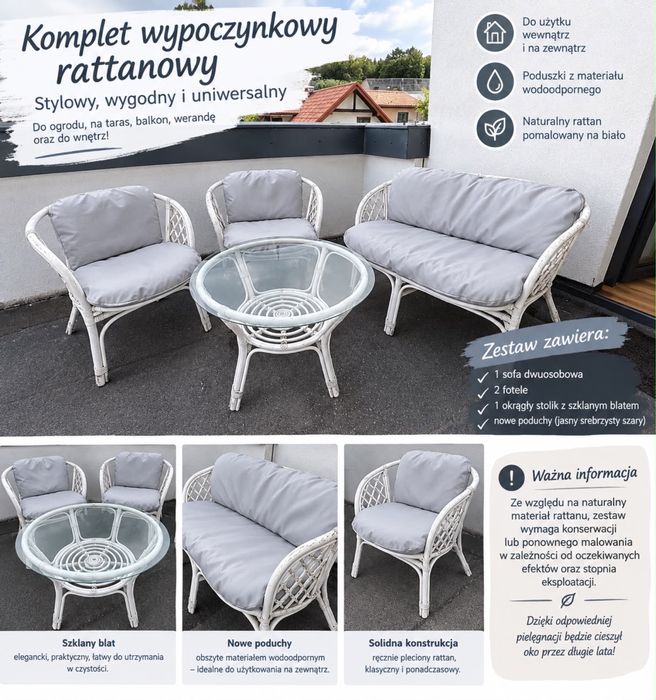 Komplet wypoczynkowy z naturalnego rattanu – sofa, 2 fotele, stolik + nowe poduchy