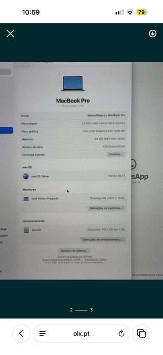 Macbook Pro 16" 2019 Intel i9 64GB Ram 1 TB SSD Teclado PT