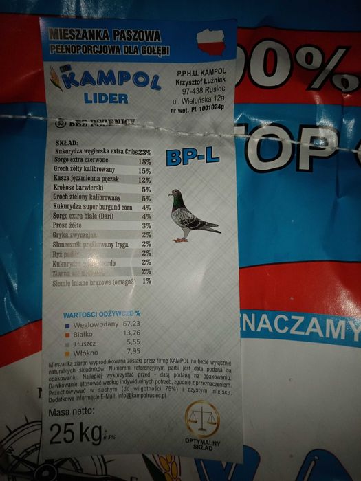 Karma dla gołębi 25 kg – Kampol BP-L Bez Pszenicy • mieszanka Lider